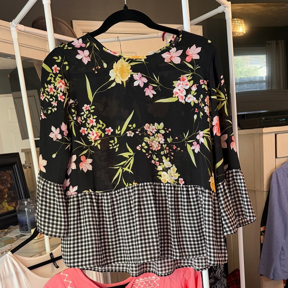 Chenault Black Floral & Gingham Mixed-Print Blouse